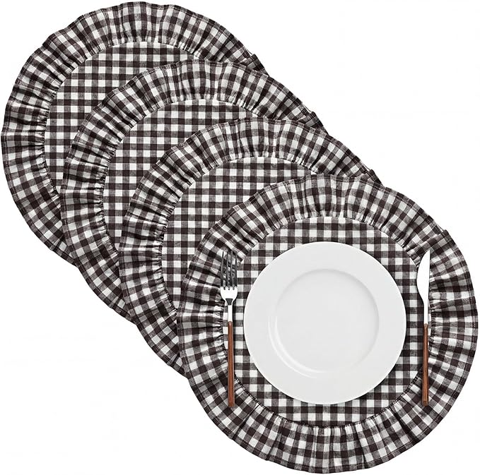 4 Pcs 15 Inch 100% Cotton Scalloped Round Placemats, Thin Brown Gingham Place Mats with Ruffle, Washable Placemats Table Mats for Kitchen Dining Holiday Gatherings Decor