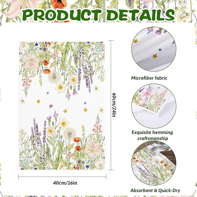 2Pcs Wild Flower Kitchen Towels-16×24in Spring Floral Kitchen Dish Towels, Absorbent & Quick Dry Hand Tea Towels for Holiday Home Decor Easter Mother‘s Day Gifts