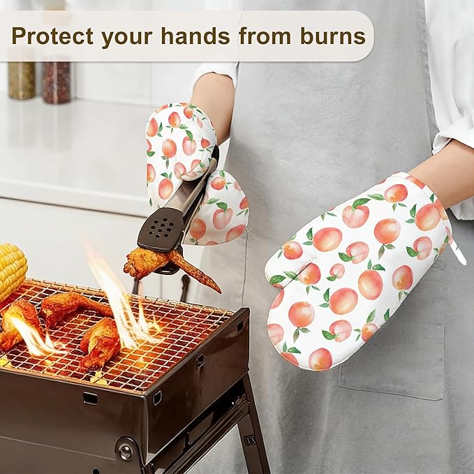 Watercolor Peaches Oven Mitts and Pot Holders Sets,Silicone Kitchen Mitts Potholders Heat Resistant 4Pcs Oven Gloves Hot Pads for Kitchen Baking Cooking