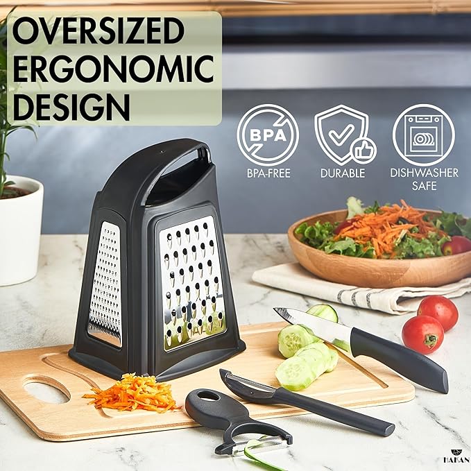 Hakan Grater, Chop and Peel Set | Handheld 3-Sided Grater with Multiple Shred Sizes, Y-Shaped Vegetable Peeler, I-Shaped Food Slicer & Spear Knife | Stainless Steel Kitchen Tools | Black, 4 Pcs