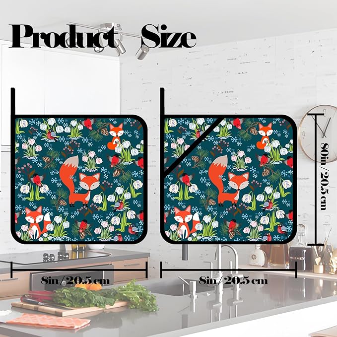 Cute Fox and Flower Pot Holders Set of 2,Kitchen Heat Resistant Potholder for BBQ Cooking Baking,Food Hot Pad for Women Men