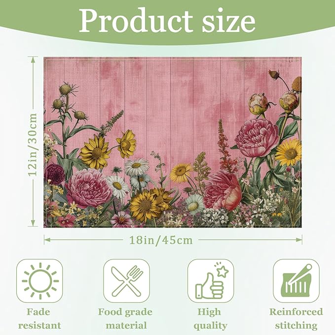 Vintage Wildflower Pink Wooden Placemats Set of 6, Washable Heat Resistant Table Mat Linen Place Mats for Party Kitchen Dining Home Decor 12x18 Inch