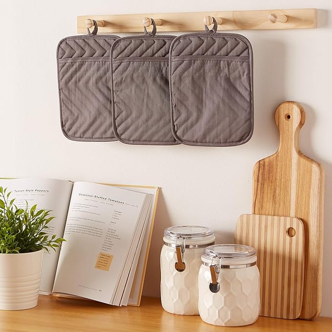 DII Heat Resistant Quilted Cotton Pot Holder Set, Designed with Space to Personalize Allowing a Customized Design, 7x9, Gray, 3 Count