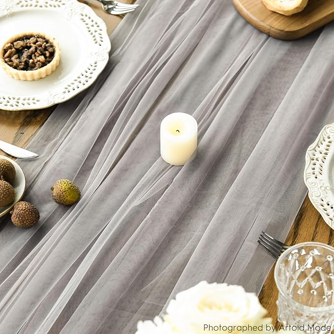 Artoid Mode 3PCS Grey Gauze Table Runner 120 Inch 10FT, Seasonal Sheer Kitchen Dining Holiday Wedding Birthday Baby Shower Table Decor for Home Party