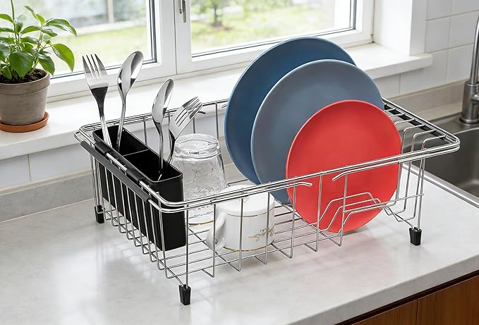 SANNO Flatware Cutlery Holder,Hanging Utensil Holder,Cutlery Drainer Caddy,Spoon and Fork Organizer,2 Compartment Attach to Dish Drying Rack