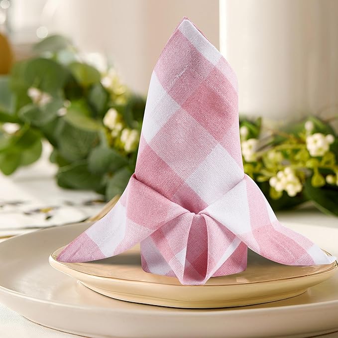 Cloth Napkins, Reusable Dinner Napkins for Parties,Weddings,Baby Shower,Christmas Decorations,Everyday Fabric Serviettes for Dining Table, Set of 12 Pink White_ 18"x18" with Decorative Hemstitched.