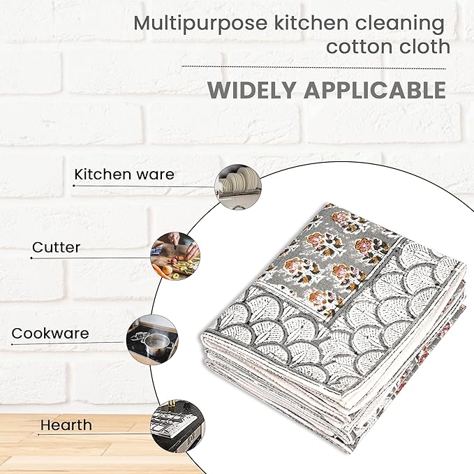 CPC Labra Grey Hand Block Print Waffle Kitchen Towel Set of 3-16 x 28 Inch Ultra Absorbent Quick Dry Cotton Dish Towels Lightweight Reusable Sustainable Tea Towels for Cleaning and Drying