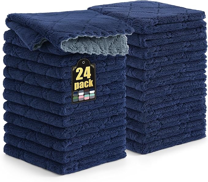 Mordimy 24 Pack Kitchen Cloths Dish Towels (10" x 10", Dark Grey & Navy Blue), Super Soft and Absorbent Dish Cloths, Coral Velvet Microfiber Cleaning Cloth, Nonstick Oil Fast Dry Dishcloths