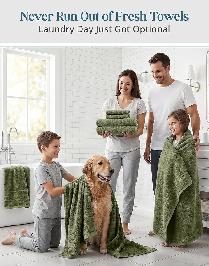 Casa Platino 100% Luxury Bath Towel Pack of 12 - Softer, High Absorbency & Durable - 4 Bath, 4 Wash Cloth, 4 Hand Towels for Bathroom - Premium Look, Spa Quality, Solid Dyed Towels - Oil Green