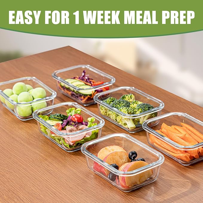 Glass Food Storage Containers with Lids Set of 6, 22 OZ Glass Meal Prep Containers for Lunch, Microwave, Oven, Freezer & Dishwasher Safe, BPA-Free
