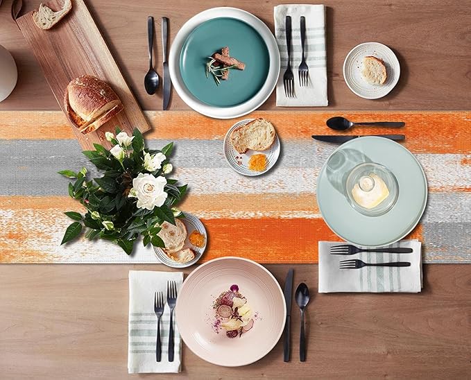 ArtSocket Farmhouse Table Runner and Placemats Set of 6, Abstract Orange Grey Painting Art Dining Decor for Daily Use(1 Table Runner 72 inches Long and 6 Placemats)