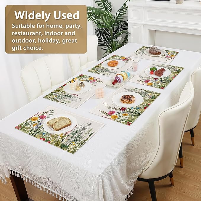 Set of 6 Washable Herbs and Wild Flowers Placemats Non-Slip Heat-Resistant 12x18 Inch Thick Decorative Linen Table Mats for Dining Table Home Décor