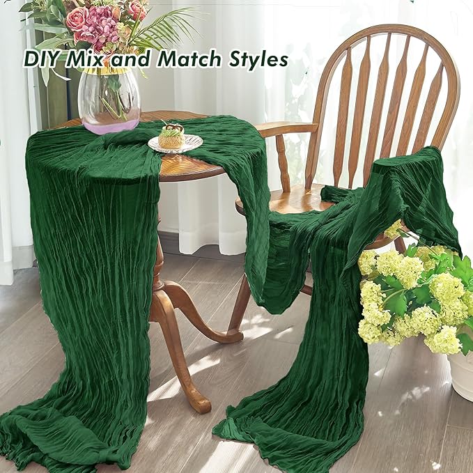 IVAPUPU 2 Pcs Cheesecloth Table Runner - 10ft Emerald Green Spring Boho Gauze Cheese Cloth Table Runners for Baby Shower Decorations Wedding Party Garden Decor