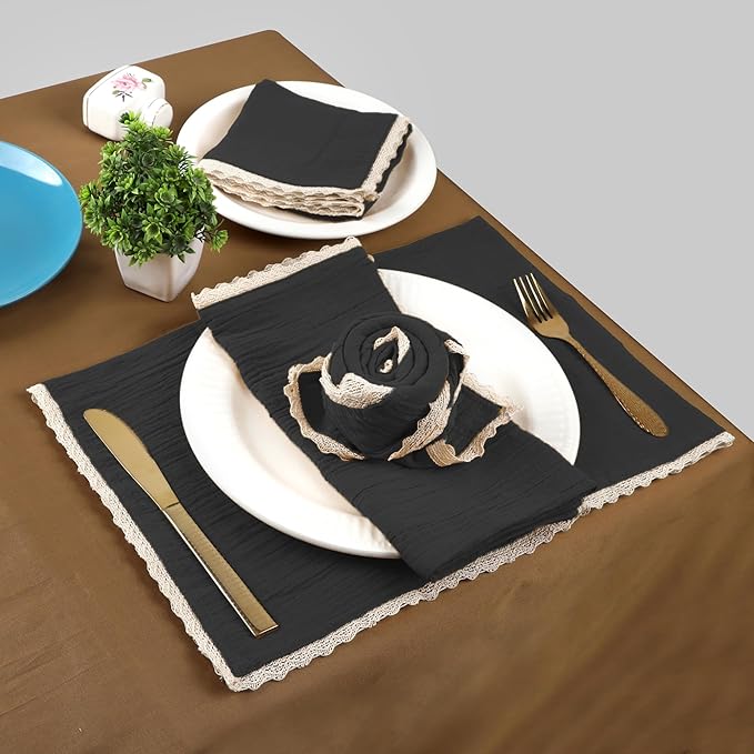 Fingercraft Dinner Cloth Napkin Cotton Muslin Double Gauze 4 Pack with Classic Lace for Everyday Use, Wedding, Party, Christmas, Easter Napkins Cloth are Pre Shrunk and Good Absorbency Black