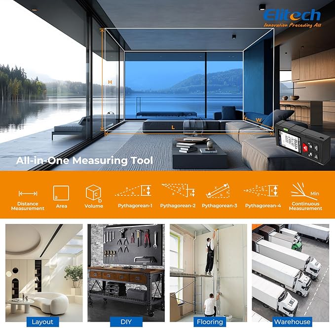Elitech Laser Measure 165ft, Digital Laser Tape Measure for Home Decor & DIY, Handheld Distance Meter with Bubble Level, 99 Data Memory - Easier Than Metal Tape (Battery & Hand Strap Included)