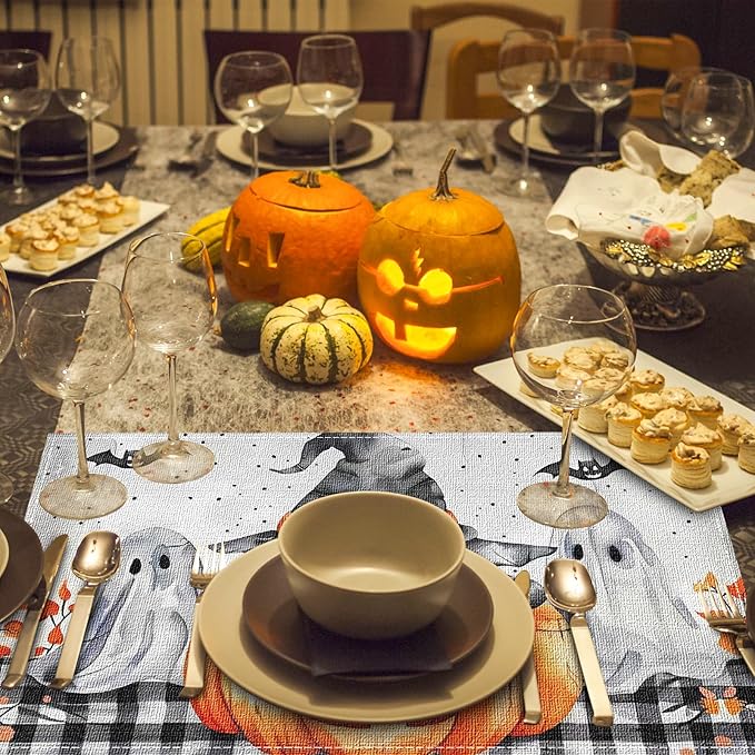 Niviy Buffalo Plaid Bat Ghost Pumpkins Halloween Placemats Set of 6, 12x18 Inch Horror Halloween Table Mats for Holiday Party Kitchen Dining Room Decoration