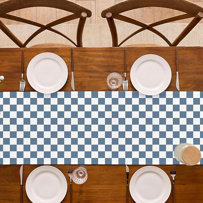 Dusty Blue Checkered Table Runner Gingham Birthday Party Decoration Wedding BBQ Dining Room Home Kitchen Table Decor (Dusty Blue, 13" x 72")