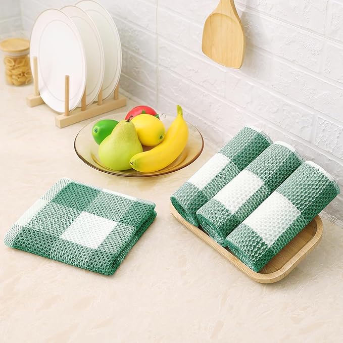 Homaxy Kitchen Towels and Dishcloths Set, 12 x 12 and 13 x 28 Inches, Set of 12 100% Cotton Waffle Weave Check Plaid Kitchen Dish Towels, Super Soft and Absorbent Dish Cloths, White & Dark Green