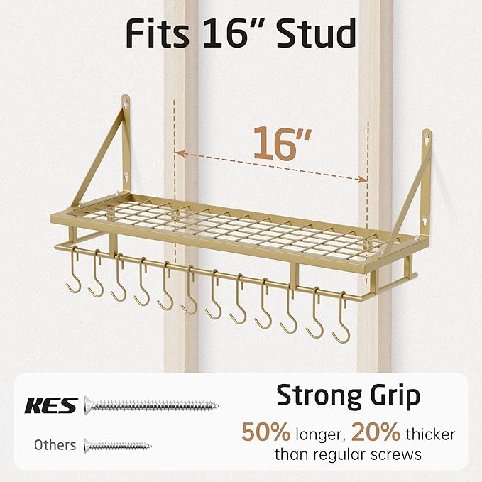 KES 30-Inch Gold Pot Rack, Wall Mounted Hanging Pot and Pan Organizer with 12 Sturdy Hooks, Elegant Modern Kitchen Wall Hanger Shelves, KUR215S75A-GD