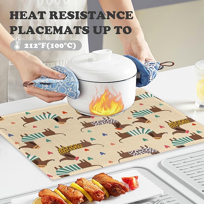 Dachshund Dogs Placemats Set of 6 Linen Heat Resistant,Love Hearts Table Mats Washable Rustic Place Mats Decoration for Home Kitchen Dining Room Party 12x18 Inch