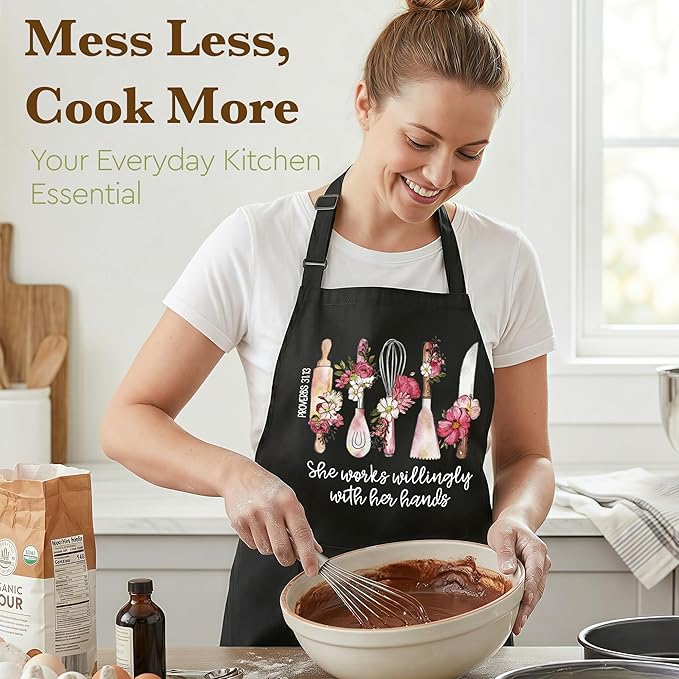 Kitchen Apron Gift for Women Christian Sister Friends,She Works Willingly With Her Hands(Proverbs 31:13) , Religious Cooking Baking Apron Gift for Mom Wife Grandma,Faith Apron with Pockets Adjustable