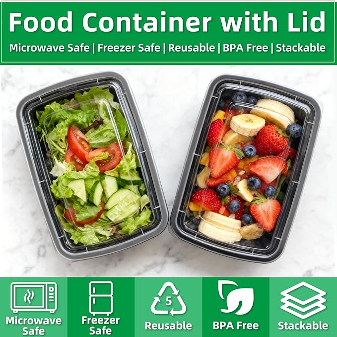 Meal Prep Containers Reusable 15 Pack-32 oz Food Storage Containers with Lids To Go Food Containers Takeout with 15 Forks, Microwave Dishwasher Freezer Safe, BPA Free, Plastic (Black)