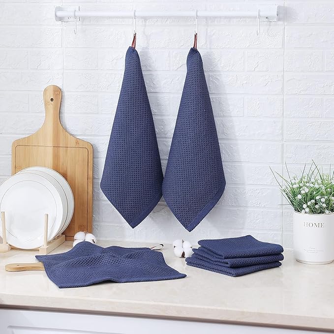 100% Cotton Waffle Weave Kitchen Towels, 6 Pack Dish Cloths for Washing Dishes, Ultra Soft Absorbent Dish Towels, Quick Drying Kitchen Rags, 12x12 Inches, Dark Blue