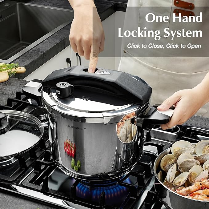 KOCH SYSTEME CS Stainless Steel Pressure Cooker 10.5 Quart, 3-in-1 Olla de Presion, One-Hand Locking, 3 PSI Settings Stovetop Pressure Pot, Induction Pressure Cooker, Glass Lid & Steamer, 10.5QT