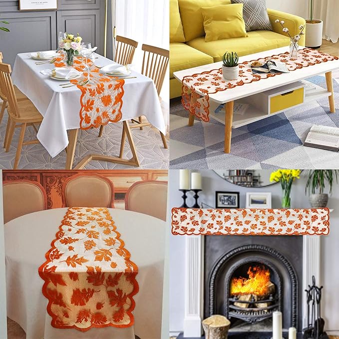 Fall Table Runner Thanksgiving Fall Decorations for Home 13 x 72 Inch Maples Leaves Table Runner Autumn Harvest Orange Lace Runners Thanksgiving Decorations for Tables Kitchen Dining Party (Brown)