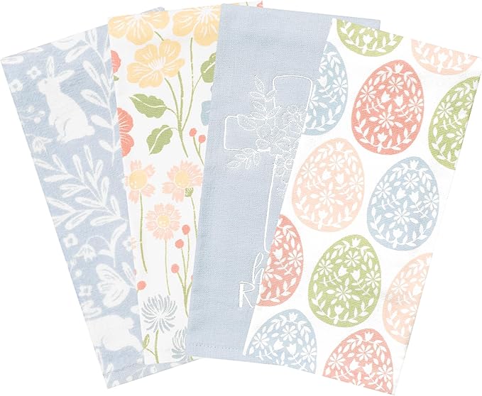 Ritz 100% Cotton Kitchen Towels, Easter Bunny Floral – 16"x26" – Absorbent Dish Towels for Drying & Cleaning – Soft & Durable (Set of 4)