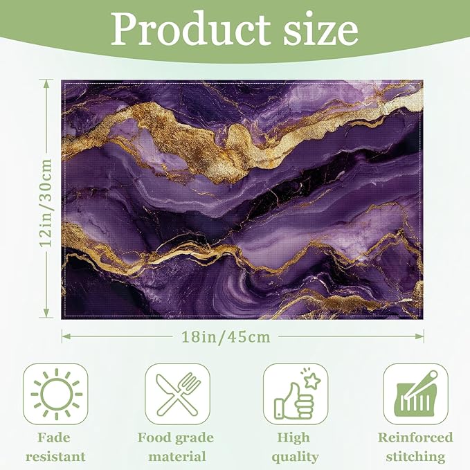 Purple Gold Marble Placemats Set of 6, Washable Heat Resistant Table Mat Linen Place Mats for Party Kitchen Dining Home Decor 12x18 Inch
