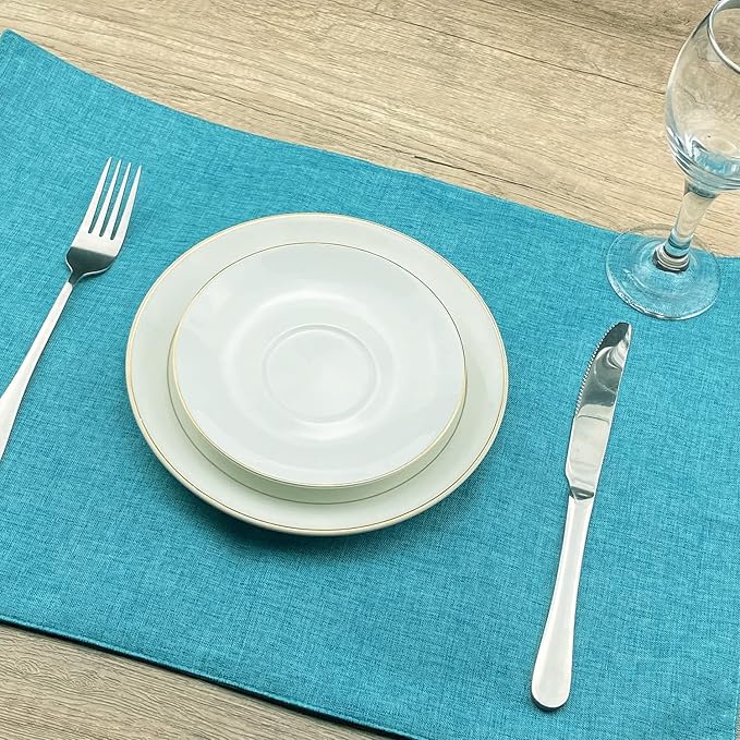 Weabetfu Cloth Placemats Set of 4 Heat Resistant Dining Table Placemmats Cotton Linen Machine Washable Kitchen Table Mats Wrinkle Free Thick Fabric Place Mat,Easy to Clean,13"x19"Teal