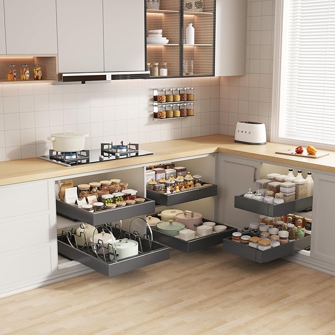 Seinloes 2 Pack Pull out Cabinet Organizer 21" Deep With Raising Pad for Framed Cabinets, Expandable (9"-14" W) Slide out Drawers for Kitchen Cabinets with 4pcs Divider Racks, Roll out Shelves, Black