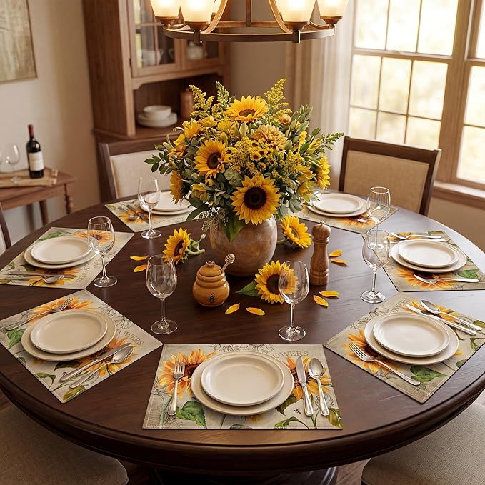 Sunflower Linen Placemats Set of 6, 12x18 Inch Farmhouse Spring Summer Sunshine Table Mats, Washable Table Decor for Kitchen Dining Indoor Outdoor Party Holiday
