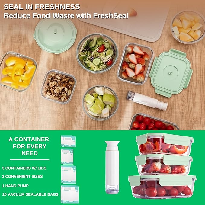 Glass Vacuum Sealable Container Set, 3 Rectangular Containers, 10 Bags, Hand Pump