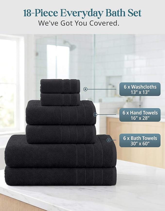 Casa Platino 100% Cotton Towel Set for Bathroom - 18 Piece - Super Soft, Hotel Quality - 6 Bath, 6 Wash Cloths, 6 Hand Towels for Bathroom - Classic, Gentle on Skin, Ideal for Spa & Daily Use - Black