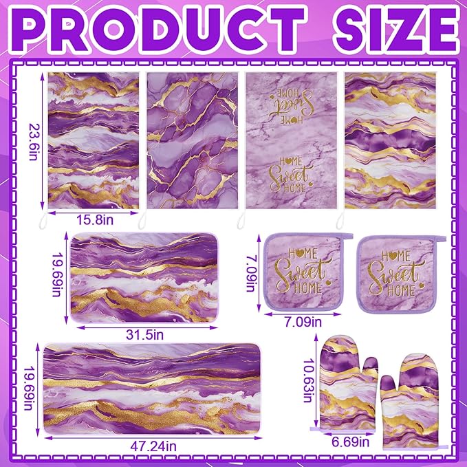 Fourluoo 10 Pcs Kitchen Dish Towels Rugs Oven Mitts and Pot Holders Kit Farmhouse Kitchen Decor Set Gloves Vintage Potholders for Baking Cooking Chef(Purple,Modern)