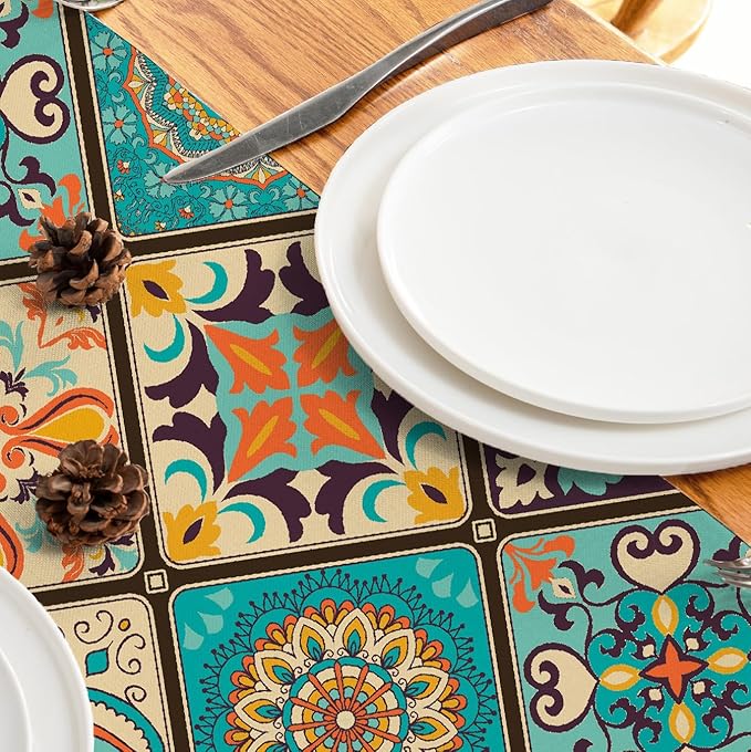 Boho Bohemian Table Runner 36 Inches Long, Vintage Seasonal Table Runners for Party Kitchen Dining Coffee Table Bedroom Dressers Indoor Outdoor, Machine Washable (Bohemian B, 13” x 36”)