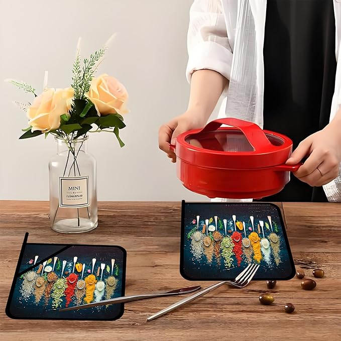Colorful Various Herbs Pot Holders Set of 2,Kitchen Heat Resistant Potholder for Microwave Cooking Baking Oven and BBQ