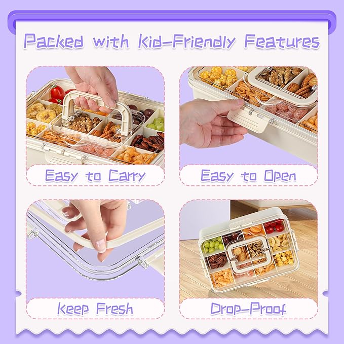 Xyptorix Snack Box Container for Kids - Adjustable 12-Compartment Snack Containers, Reusable Bento Box, Dishwasher Safe, BPA-Free, Perfect for School, Travel, Camping & Picnic, Ivory White, Large