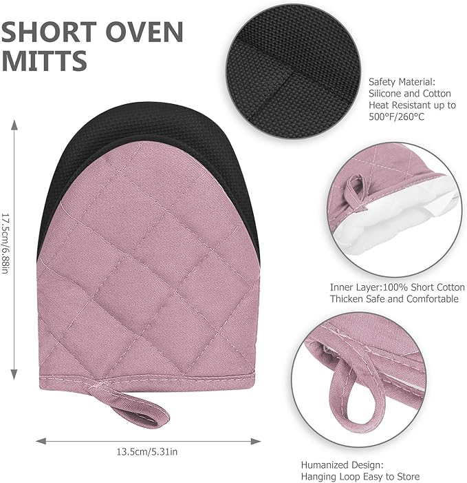 Short Oven Mitts, Heat Resistant 500°F, Silicone Grip Kitchen Gloves, Non-Slip for Baking, Grilling, BBQ, Machine Washable with Hanging Loop, 2-Pack Set, Light Pink