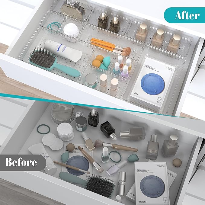 StorMiracle 13 PCS Clear Plastic Drawer Organizers Set, 4 Size Desk Drawer Organizer Trays for Makeup, Jewelry, Kitchen Utensils, Gadgets and Office Accessories