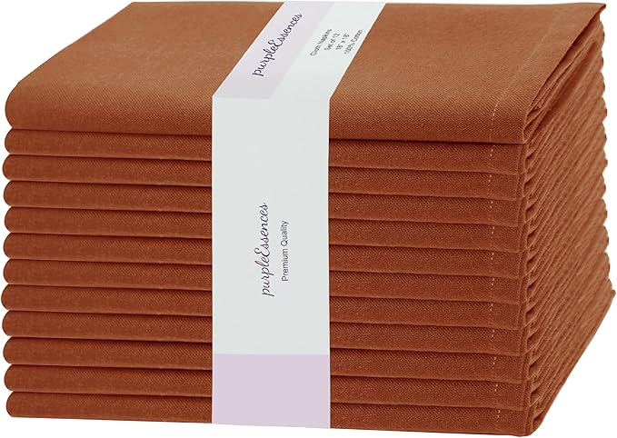 PurpleEssences Rust Set of 12 Cloth Dinner Napkins 100% Cotton 18x18 Inch - Soft Durable Washable - Ideal for Farmhouse Party Spring Easter Summer - Perfect Everyday Use Table Linen - Rust
