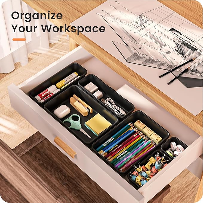 【𝟮𝟴𝗣𝗖𝗦】 【𝟱𝗦𝗶𝘇𝗲】 Black Drawer Organizer, Makeup organizer, 【Holds 177 Items】 Bathroom Organizers and Storage, Plastic Desk Organizer Divider, Organizer Bins for Office Vanity A-LUGEI