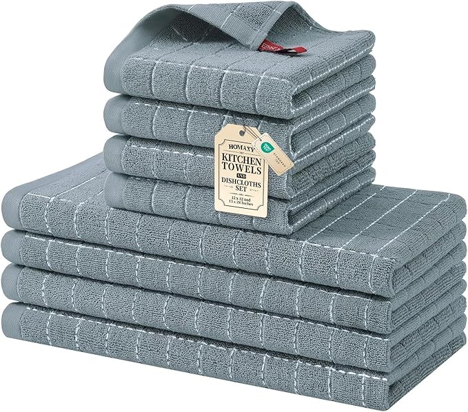Homaxy Kitchen Towels and Dishcloths Set, 12 x 12 and 13 x 28 Inches, Set of 8 Bulk Cotton Terry Kitchen Towels Set, Checkered Designed, Soft and Super Absorbent Dish Cloths, Grey