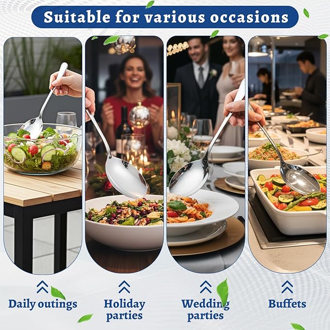 6PCS 10in Large Stainless Steel Serving Spoons Set, Includes 3 Serving Spoons and 3 Slotted Spoon, Large Servings Spoon Set for Catering Buffet, Mirror Polished, Dishwasher Safe