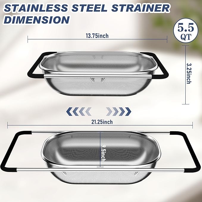 Over the Sink Colander, Expandable Strainers and Colanders with Fine Mesh, Colander for Kitchen with Rubber Grip for Draining Pasta, Vegetables and Fruits - Essential Kitchen Sink Strainer