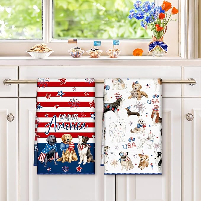 4th of July Patriotic Dog Microfiber Kitchen Towels, Soft Absorbent Independence Day Hand Towel 15.7 × 23.6 inch, Thick Dish Cloth for Party Anniversary Holiday Decoration Housewarming Gifts