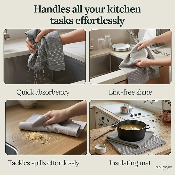 CLOUDSCAPE Kitchen Towels - 6 Pack: Quick-Drying Dish Towel for Kitchen Essentials, 18”x28” Cotton Blended Ribbed Hand Towel with Hanging Loop - Highly Absorbent, Dish Cloths for Washing Dishes -AIG