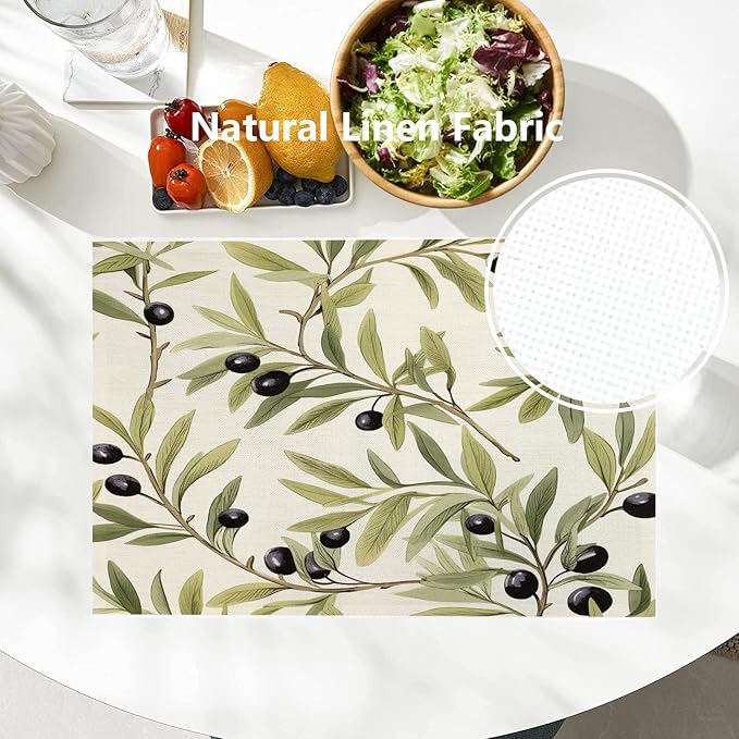 Batmerry Olive Branches Placemats, Leafy Olive Pattern Washable Linen Table Mats for Kitchen Table Double Insulation Decor Dining Set Indoor Outdoor 12X18 in Set of 6